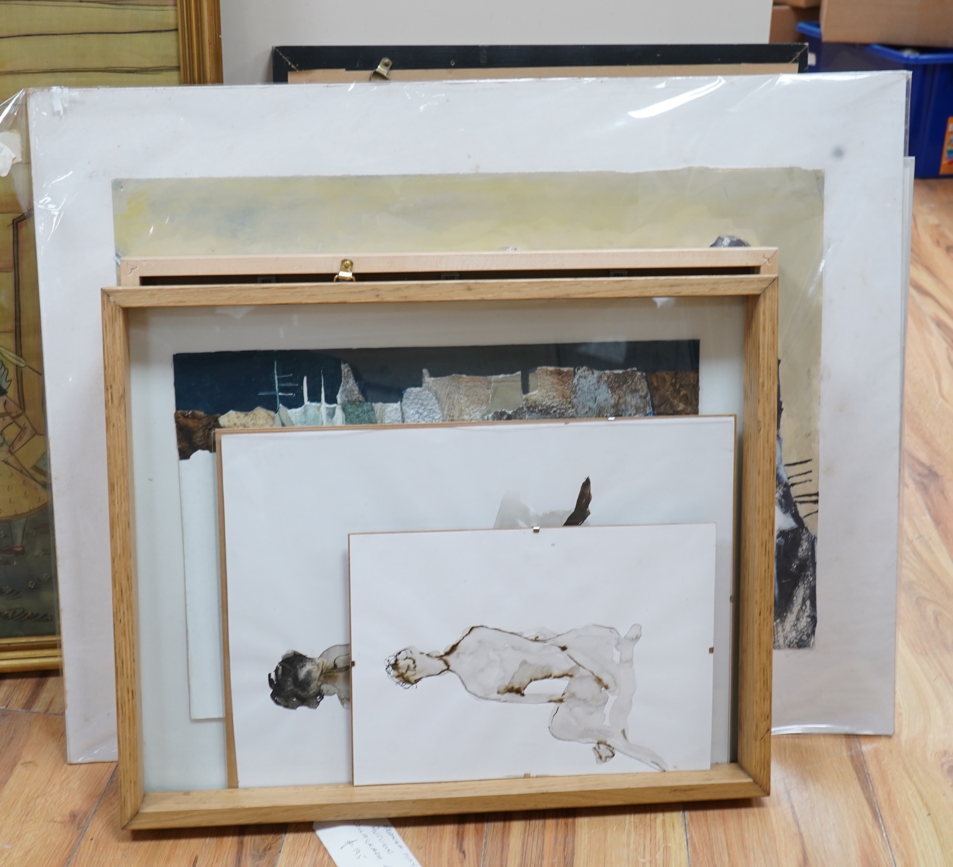 Brenda May (Modern British), a collection of six works to include a collage, ‘Slumbering Earth’, signed, two nude watercolour studies and a collagraph print ‘Autumn’, signed in pencil, two framed